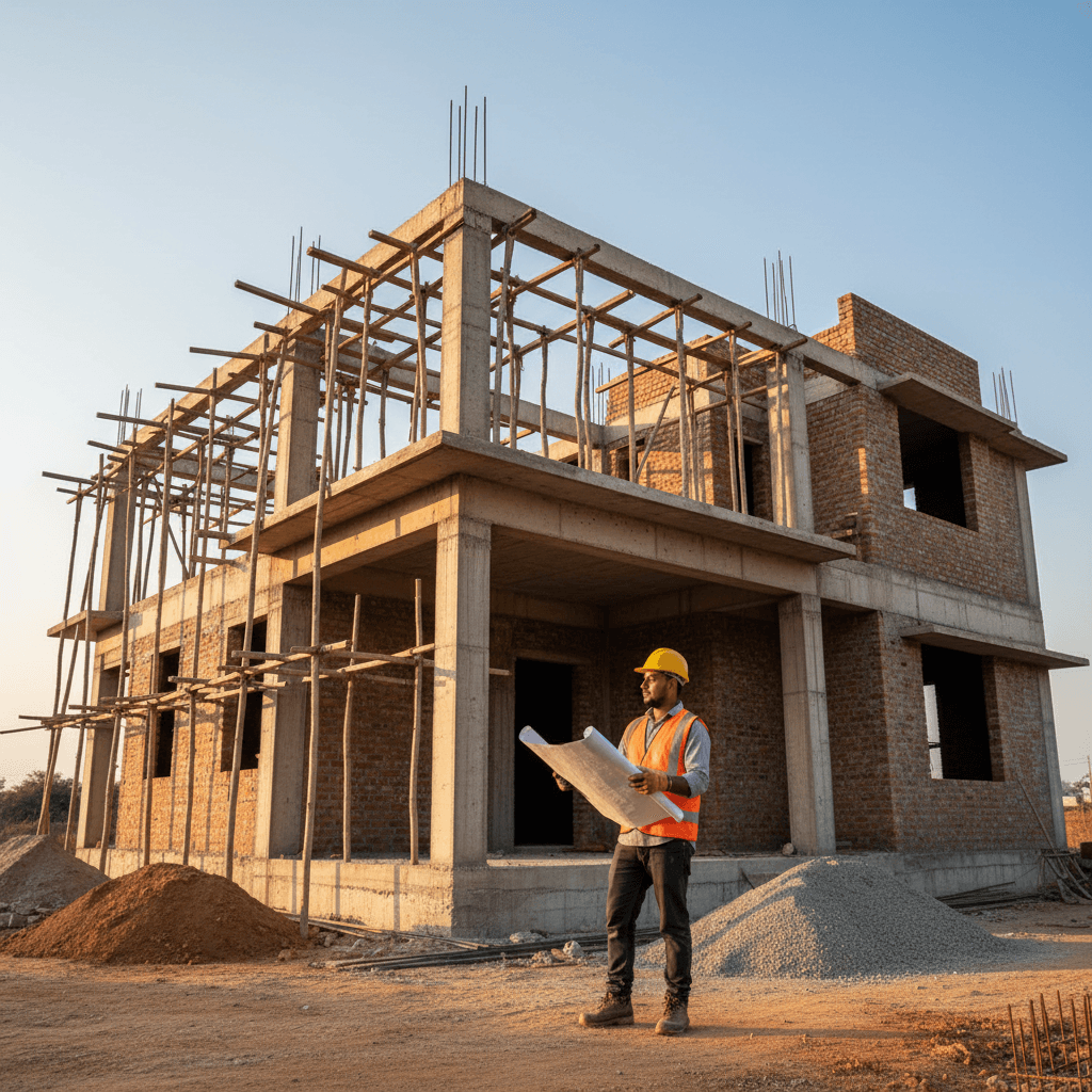 Residential construction site showing home frame and foundation work