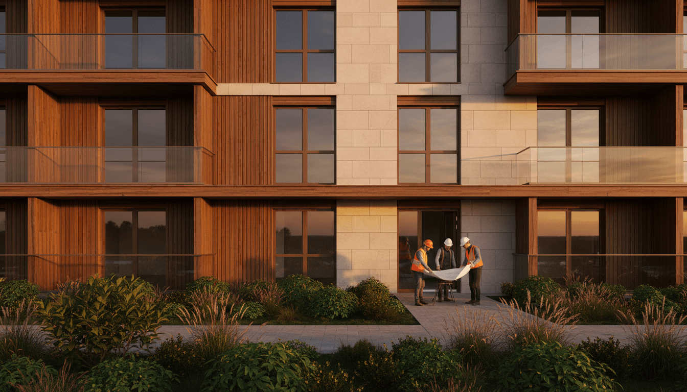 Modern residential building completed at sunset, showing quality construction and landscaping