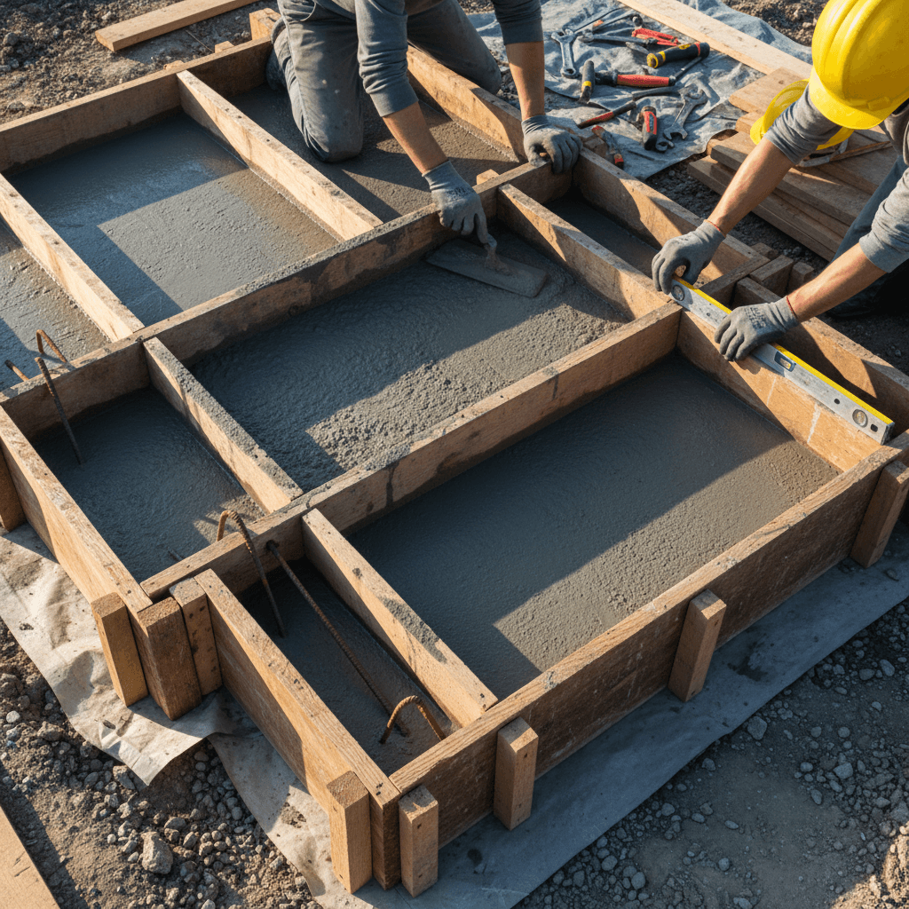 Close-up of concrete foundation work showing craftsmanship and precision