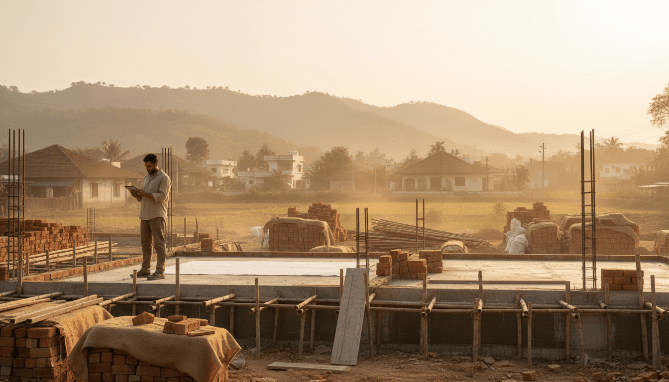 Construction professional reviewing building plans at a residential construction site