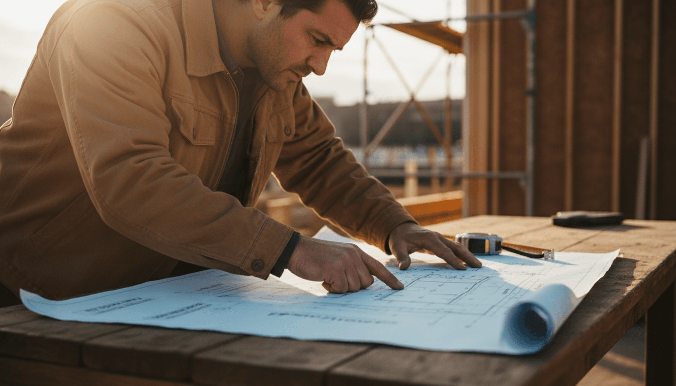 Construction professional reviewing building blueprints on site