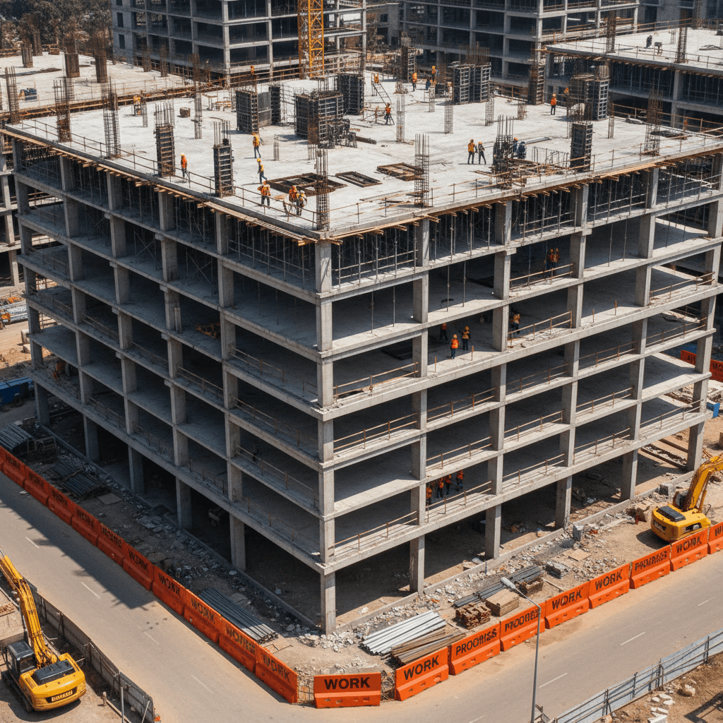 Commercial building under construction showing multi-story frame and active progress