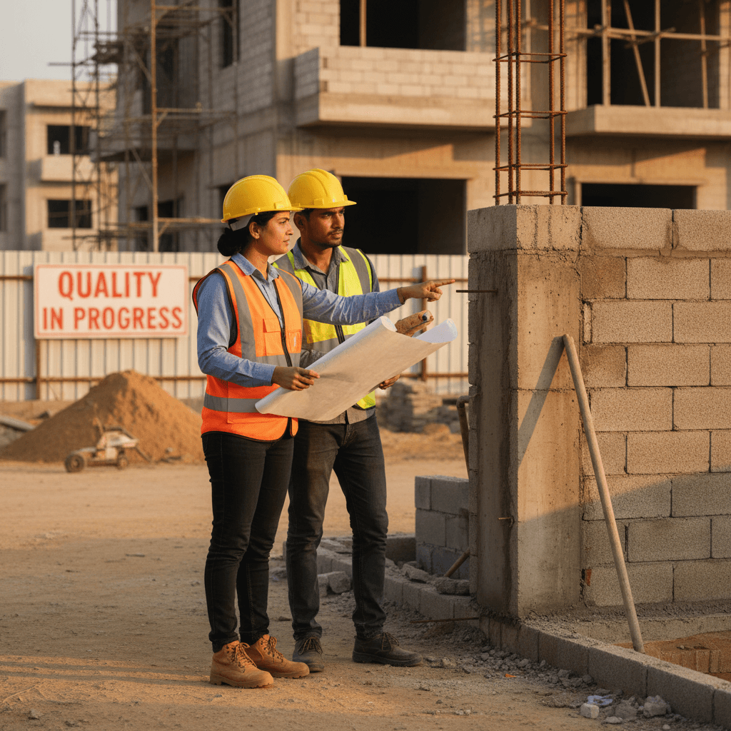 Construction quality inspector examining project details during site visit