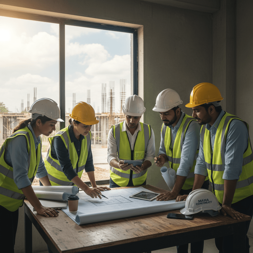 Project team reviewing construction plans and progress during coordination meeting
