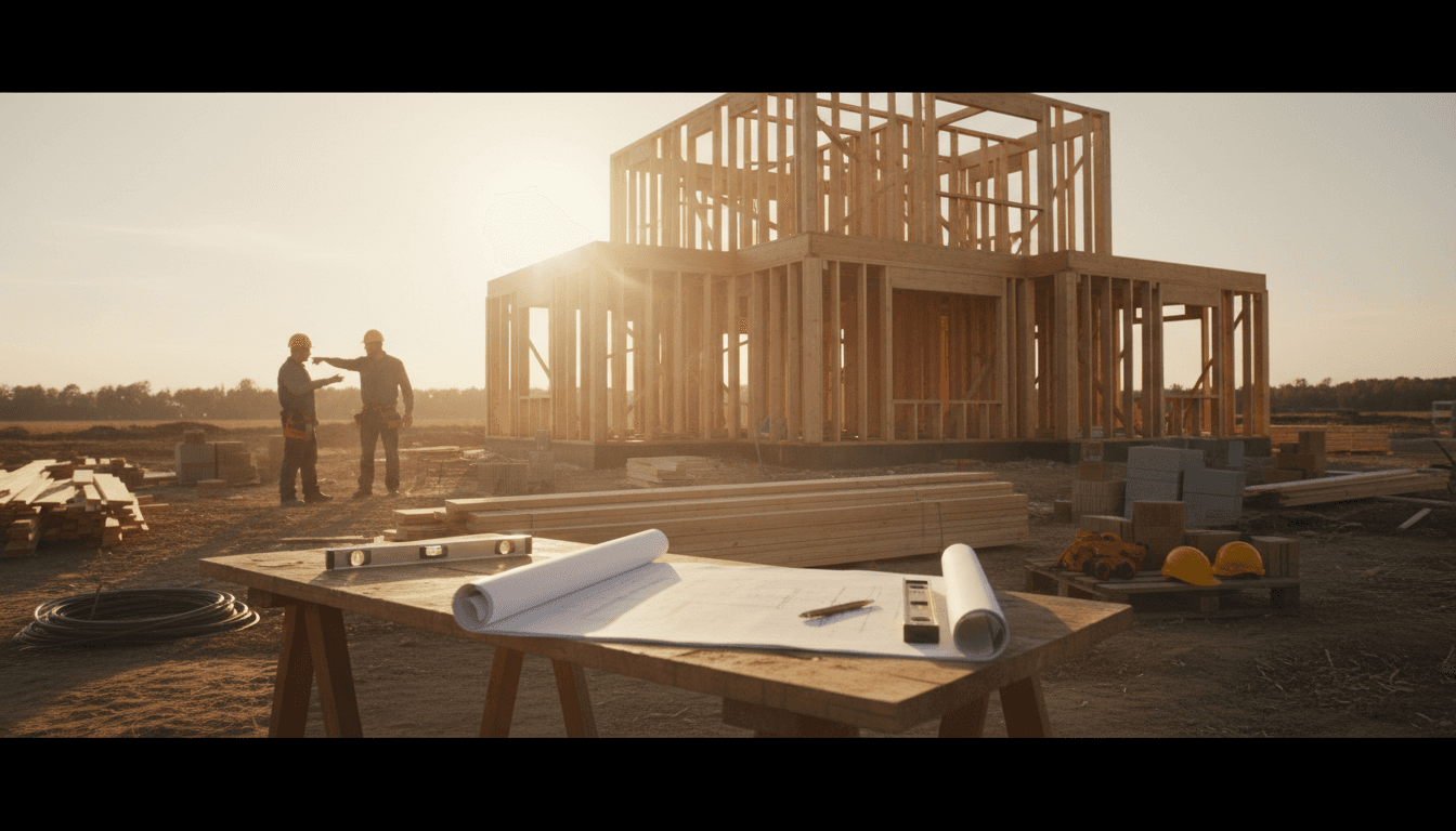 Construction site with blueprint and building materials in golden light